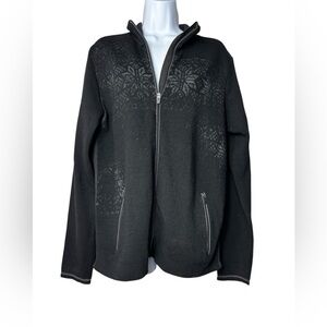 Newland Size Medium Snow Flake Design Full Zip Base Ski Sweater/Jacket - Black